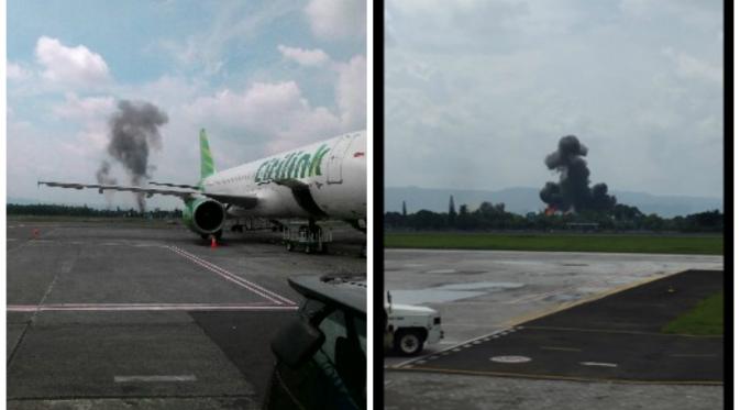 Pesawat tempur jatuh di kawasan Lanud Adisutjipto, Yogyakarta. (Liputan6.com/Fathi Mahmud)
