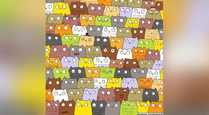 Ilustrator mengunggah gambar teka-teki menemukan kucing diantara jajaran burung hantu, dan membuat heboh netizen. (foto: Gergely Dudas)