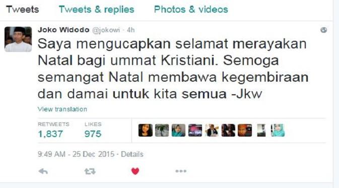 Cuitan selamat natal Presiden Jokowi di Twitter (Twitter.com/@jokowi)
