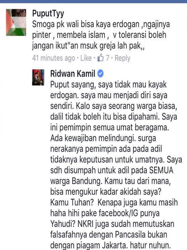 Jawaban Ridwan Kamil saat ada netizen yang mengkritiknya 'sowan' ke gereja-gereja saat Natal 2015 | Via: facebook.com