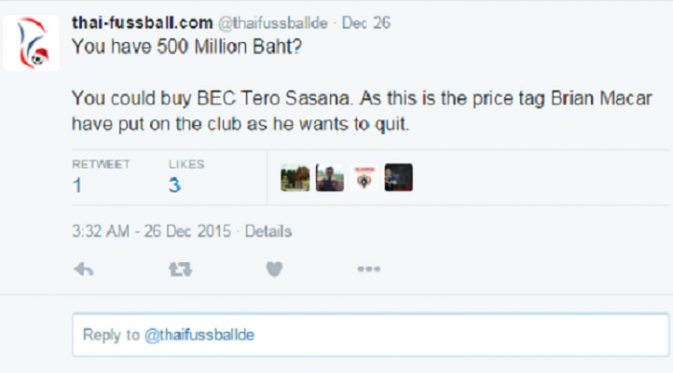 Konfirmasi Penjualan BEC Tero Sasana (Thailand Fussball Twitter)