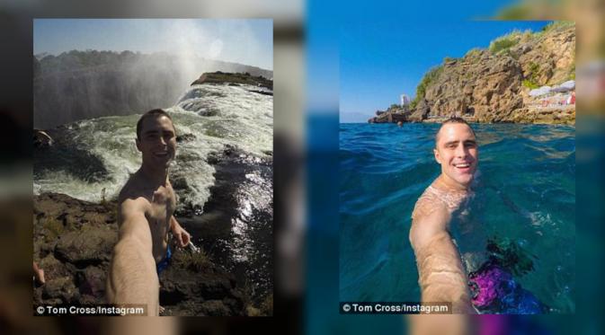 Foto narsis Tom Cross berenang di Victopria Falls, Afrika dan laut Mediterania Turki. (Daily Mail)