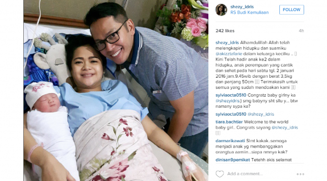 Shezy Idris lahirkan putri kedua Keisha Adeeva Ghania, Sabtu (2/1/2016) [foto: instagram/shezy_idris]