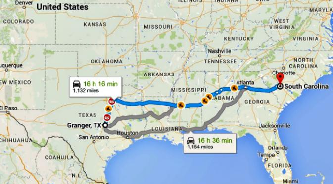 Ilustrasi perkiraan jarak antara negara bagian Texas dan South Carolina. (Sumber Google Maps)