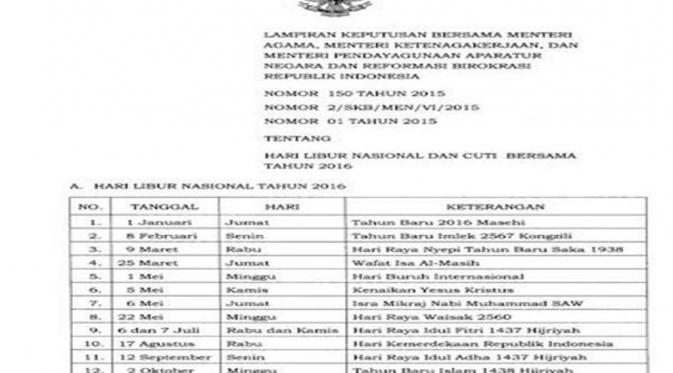 Total Ada 19 Hari Libur di Kalender 2016 | via: Istimewa