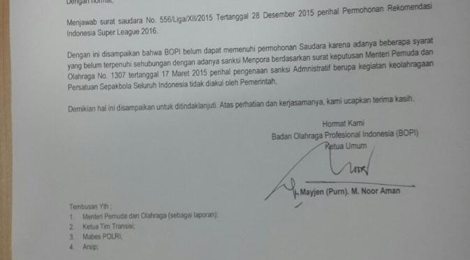 Surat BOPI yang tidak memberikan rekomendasi kepada PT Liga Indonesia untuk menggulirkan ISL 2016. (Istimewa)