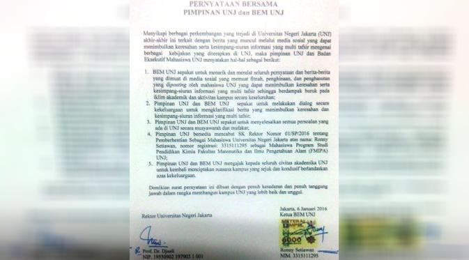 Pernyataan Bersama antara Pimpinan UNJ dan BEM UNJ. Kredit: BEM Seluruh Indonesia