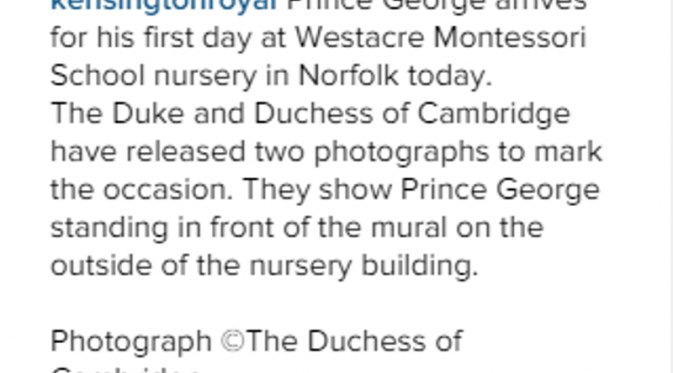 Pangeran George merasakan pengalaman pertamanya masuk sekolah. Sumber : instagram.com