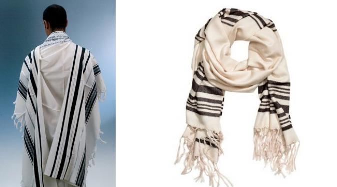 Produk H&M yang mirip dengan syal umat Yahudi untuk berdoa (sumber. Glamour.com dan branch-of-israel.com)