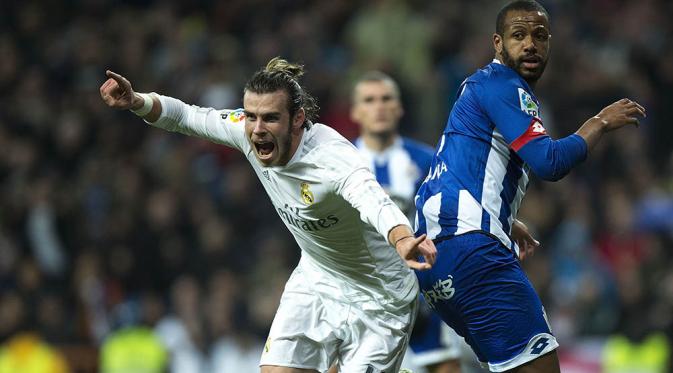  Gareth Bale merayakan salah satu gol yang dicetaknya ke gawang Deportivo La Coruna beberapa waktu lalu. Bale kini sudah mencetak 13 gol di La Liga. (AFP/Gonzalo Arroyo)