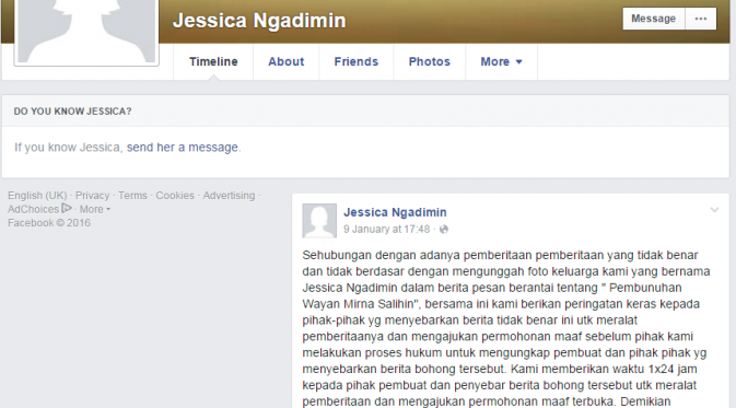 Melalui media sosial Facebook pihak keluarga Jessica Ngadimin akhirnya buka suara terkait nama Jessica dalam kasus tewasnya Wayan Mirna.