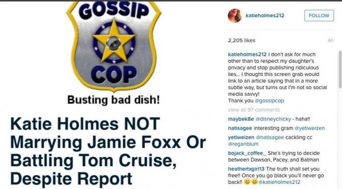 Bantahan Katie Holmes dengan screengrab Gossip Cop (via laineygossip.com)