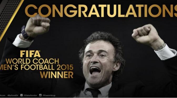 Pelatih Barcelona, Luis Enrique, terpilih sebagai FIFA World Coach of the Year 2015 berkat keberhasilannya sepanjang 2015. (Twitter FIFA)