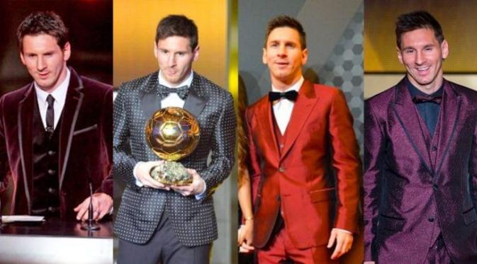 Busana yang dikenakan bintang Lionel Messi pada pagelaran FIFA Ballon d'Or 2011 hingga 2014. (Telegraph)