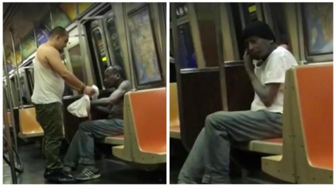 Penumpang kereta bawah tanah ini mencopot baju dan topinya untuk disumbangkan langsung kepada yang memerlukan. (Sumber New York Daily News)