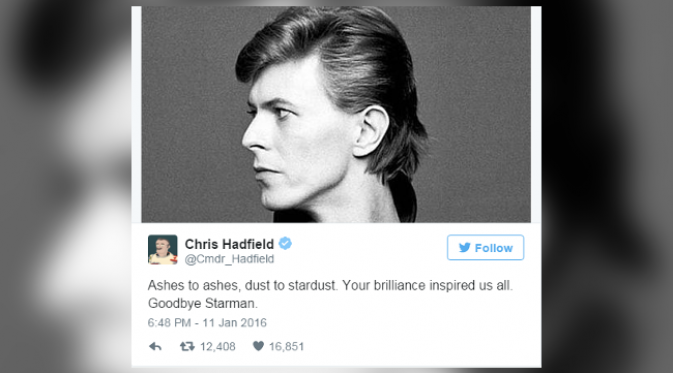 Ucapan belasungkawa Hadfield pada kepergian David Bowie. (foto: Twitter/@Cmdr_Hadfield)