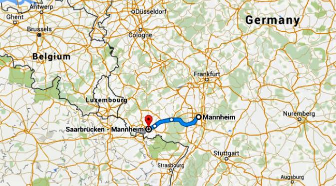 Jarak perjalanan kereta antara Mannheim dan Saarbrücken (Sumber Google Maps)