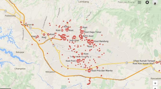 Titik-titik tempat sewa indekos di Bandung. (Via: Google Maps)