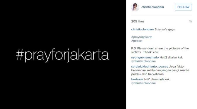 Christina Colondam sampaikan belasungkawa atas tragedi ledakan bom di Sarinah, Kamis (14/1/2016) [foto: instagram/christicolondam]
