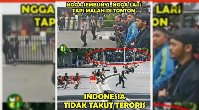 Postingan di dunia maya menggambarkan warga menonton teror Jakarta. (Media Sosial)