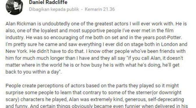 Postingan Daniel Radcliffe tentang Alan Rickman. foto: Google +