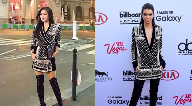 Syahrini memakai baju yang sama dengan Kendall Jenner. (foto:berbagai sumber)