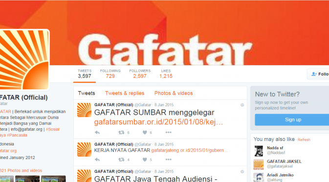 Semakin meresahkan masyarakat, ternyata organisasi terlarang Gafatar juga sangat aktif di media sosial. (twitter)