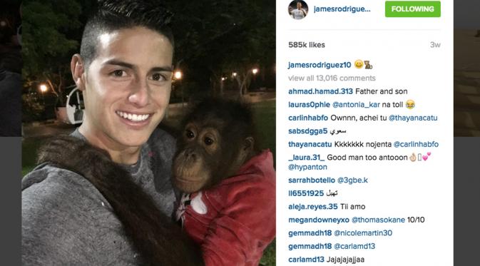 Bintang Real Madrid, James Rodriguez memiliki 18 juta Followers di Instagram miliknya, James akrab dengan penggemarnya bahkan dengan Seekor Simpanse yang senang memelukknya