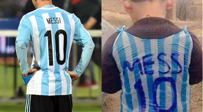 Lionel Messi (kiri) mengenakan kostum tim nasional Argentina bernomor 10.