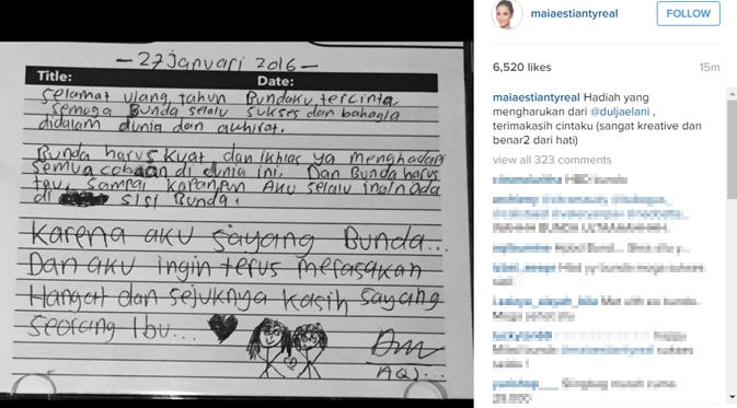 Maia Estianty menunjukkan surat hasil tulis tangan Dul di hari ulang tahunnya. (foto: instagram.com/maiaestiantyreal)