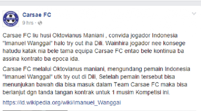 Klub asal Timor Leste, Carsae FC mengincar gelandang bertahan Persipura Jayapura, Imanuel Wanggai. (Facebook)