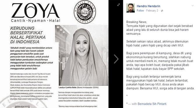 Iklan ZOYA kontroversial. Sebut hanya jilbab bermerk itu yang halal | Via: facebook.com