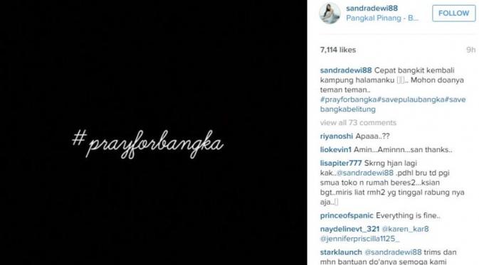 Sandra Dewi bersedih kampung halamannya terendam banjir [foto: instagram/sandradewi88]