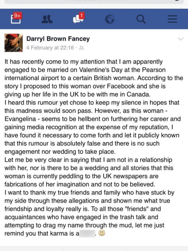Pernyataan Darryl pada akun Facebooknya | via: metro.co.uk