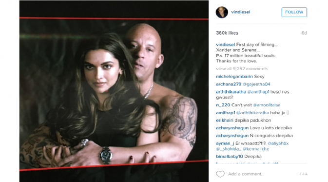 Deepika Padukone bersama Vin Diesel di film xXx: The Return of Xander Cage [foto: instagram/vindiesel]