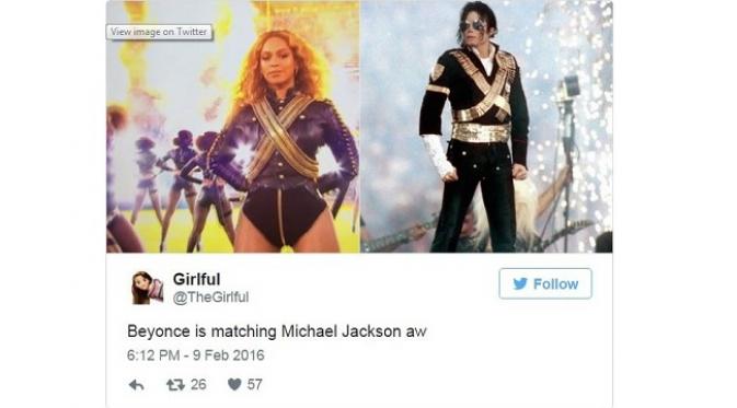 Beyonce mengenakan busana yang serupa dengan Michael Jackson (sumber. Twitter.com)