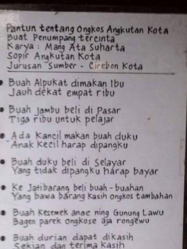 Kreatif! Sopir angkot di Cirebon bikin pantun untuk ingatkan ongkos penumpang. (Via: twitter.com/yudha_khan)