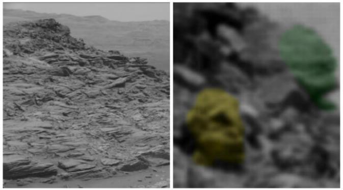 Sebuah benda tampak seperti sarkogagus yang tergeletak di permukaan planet Mars. Ada juga dua benda mirip pahatan wajah yang mengarah ke sarkofagus. (Sumber cuplikan video Mister Enigma)