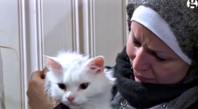 Seekor kucing milik pengungsi Irak bertemu kembali dengan pemiliknya setelah terpisah di tempat penampungan di Yunani. (Sumber The Guardian)