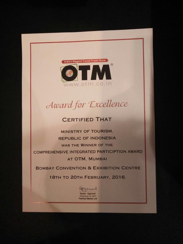 Program Wonderful Indonesia menyabet penghargaan 'The Winner of The Comprehensive Integrated Participation' dari Outbond Travel Mart (OTM).