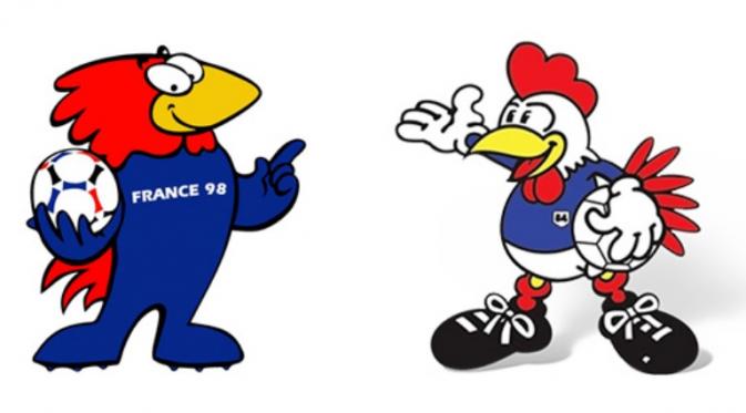 Footix, maskot Piala Dunia 1998 (kiri) dan Peno (kanan) yang menjadi maskot Piala Eropa 1984. Kedua turnamen tersebut digelar di Prancis. (UEFA).