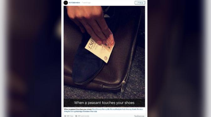 Tampak anak miliarder menyeka sepatunya dengan uang (Foto: instagram richkidslondon).