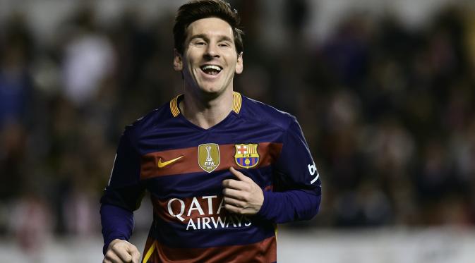 Ekspresi pemain Barcelona, Lionel Messi, setelah mencetak gol ke gawang Rayo Vallecano pada laga La Liga Spanyol di Estadio del Rayo Vallecano, Madrid, Jumat (4/3/2016) dini hari WIB. (AFP/Pierre-Philippe Marcou)