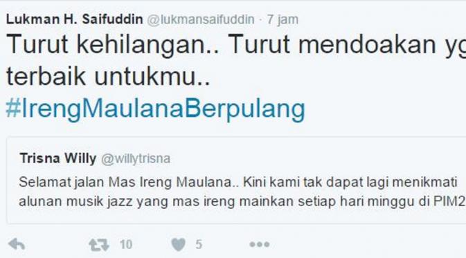 Menteri Agama Lukman Hakim Saifuddin turut mendoakan atas kepergian musisi jazz, Ireng Maulana (Twitter/@lukmansaifuddin)