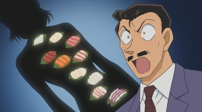 Adegan sushi di atas tubuh wanita telanjang dalam anime Detective Conan. (TMS Entertainment)