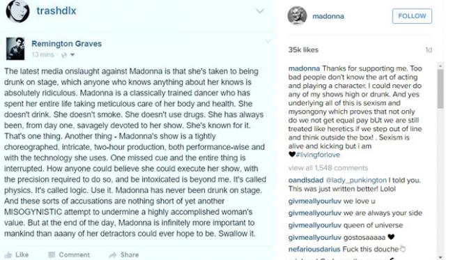 Post Instagram Madonna untuk menanggapi kabar miring tentang dirinya. (Instagram)