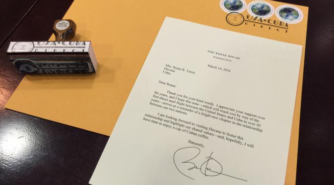 Surat balasan dari Obama untuk warga Kuba, Ileana Yarza. (whitehouse.gov)