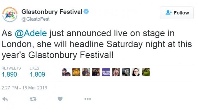 Pernyataan resmi pihak penyelenggara Glastonbury Festival 2016 tentang keikutsertaan Adele. (Twitter.com)