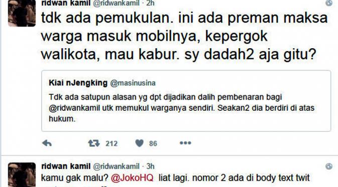 Ridwan Kamil melalui akun Twitter, @ridwankamil, membantah telah menampar sopir angkot. (www.twitter.com)
