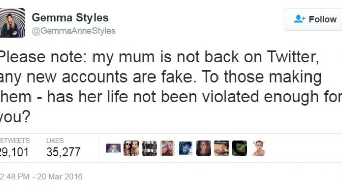 Gemma Styles mengecam tindakan hacker yang mengunggah foto pribadi Harry Styles dalam Twitter. (Twitter.com)